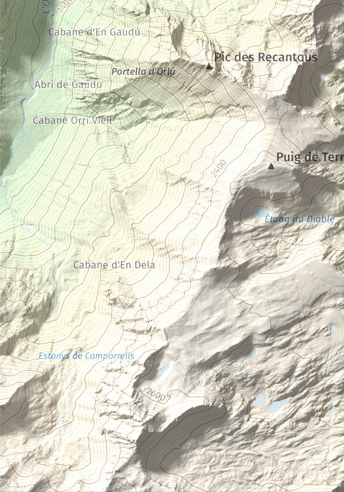 Mapa de relieve de Pic de Baixollada, 2546 m, Capcir, lámina 100 Cims de Trobart. Detalle de la zona inferior izquierda. 21 × 30 cm.