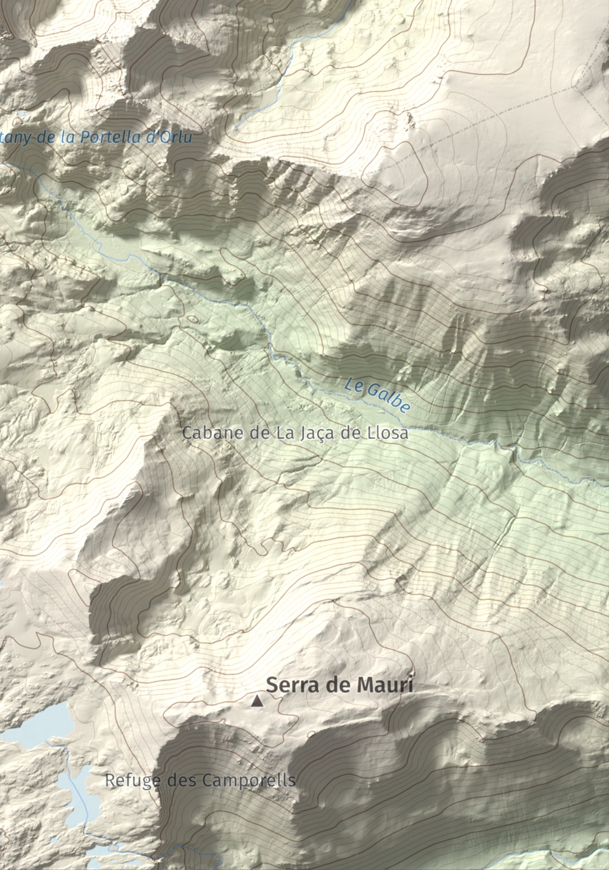 Mapa de relieve de Pic de Baixollada, 2546 m, Capcir, lámina 100 Cims de Trobart. Detalle de la zona inferior derecha. 21 × 30 cm.