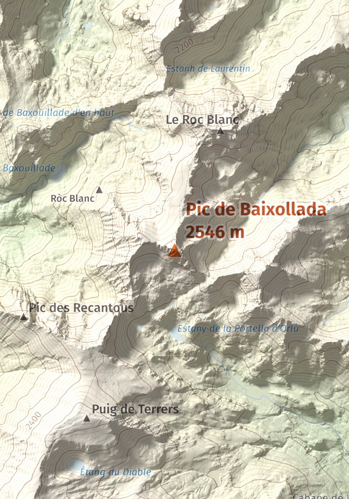 Mapa de relieve de Pic de Baixollada, 2546 m, Capcir, lámina 100 Cims de Trobart. Detalle de la zona central. 21 × 30 cm.