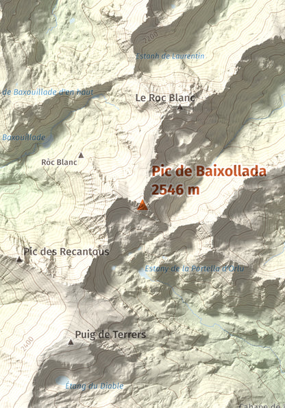 Mapa de relieve de Pic de Baixollada, 2546 m, Capcir, lámina 100 Cims de Trobart. Detalle de la zona central. 21 × 30 cm.
