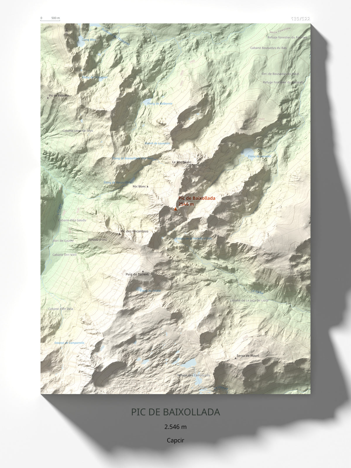 Mapa de relieve de Pic de Baixollada, 2546 m, Capcir, lámina 100 Cims de Trobart 30 × 40 cm.