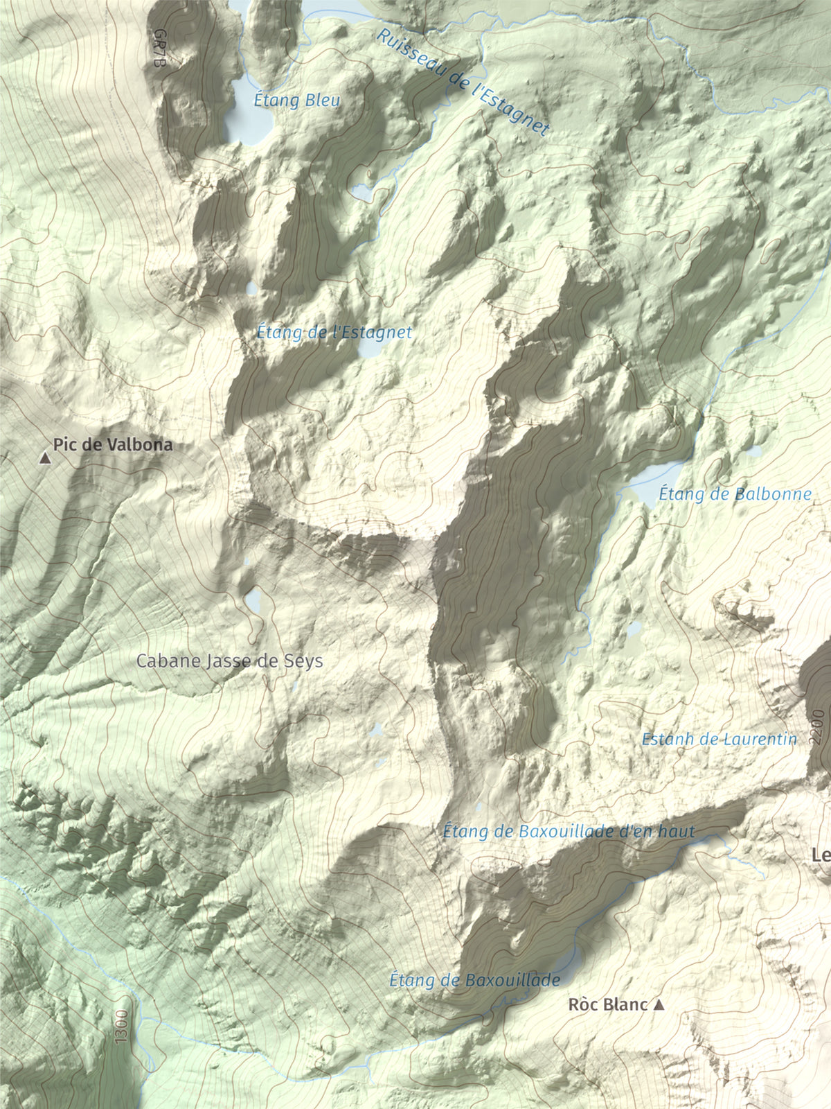 Mapa de relieve de Pic de Baixollada, 2546 m, Capcir, lámina 100 Cims de Trobart. Detalle de la zona superior izquierda. 30 × 40 cm.