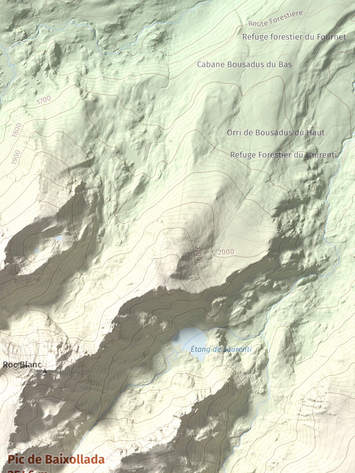 Mapa de relieve de Pic de Baixollada, 2546 m, Capcir, lámina 100 Cims de Trobart. Detalle de la zona superior derecha. 30 × 40 cm.