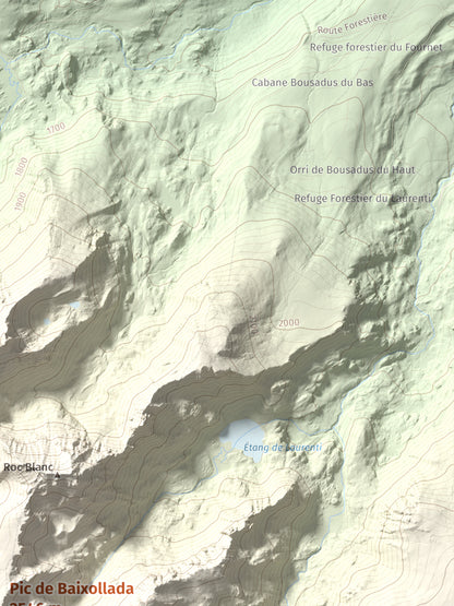 Mapa de relieve de Pic de Baixollada, 2546 m, Capcir, lámina 100 Cims de Trobart. Detalle de la zona superior derecha. 30 × 40 cm.