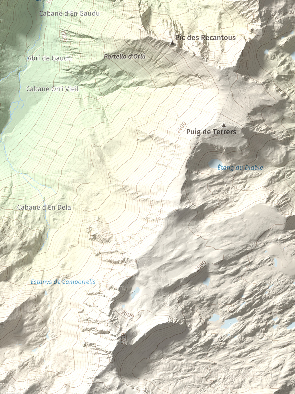Mapa de relieve de Pic de Baixollada, 2546 m, Capcir, lámina 100 Cims de Trobart. Detalle de la zona inferior izquierda. 30 × 40 cm.