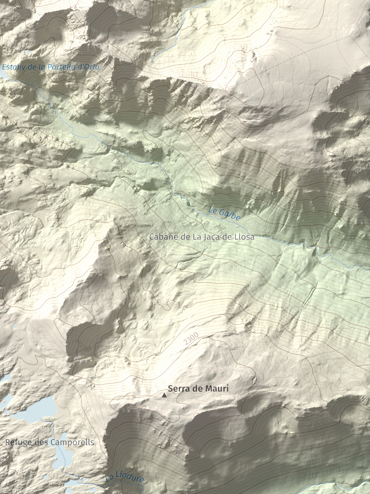Mapa de relieve de Pic de Baixollada, 2546 m, Capcir, lámina 100 Cims de Trobart. Detalle de la zona inferior derecha. 30 × 40 cm.