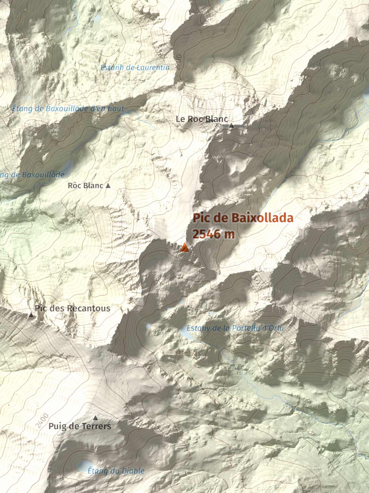 Mapa de relieve de Pic de Baixollada, 2546 m, Capcir, lámina 100 Cims de Trobart. Detalle de la zona central. 30 × 40 cm.