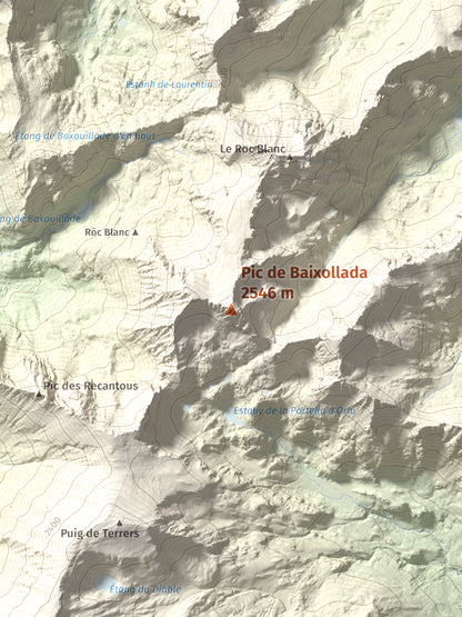 Mapa de relieve de Pic de Baixollada, 2546 m, Capcir, lámina 100 Cims de Trobart. Detalle de la zona central. 30 × 40 cm.