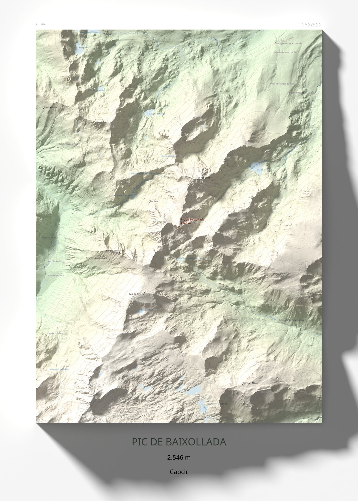 Mapa de relieve de Pic de Baixollada, 2546 m, Capcir, lámina 100 Cims de Trobart 50 × 70 cm.