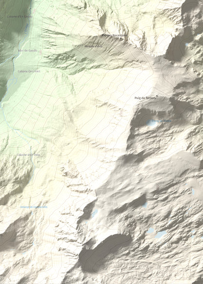 Mapa de relieve de Pic de Baixollada, 2546 m, Capcir, lámina 100 Cims de Trobart. Detalle de la zona inferior izquierda. 50 × 70 cm.