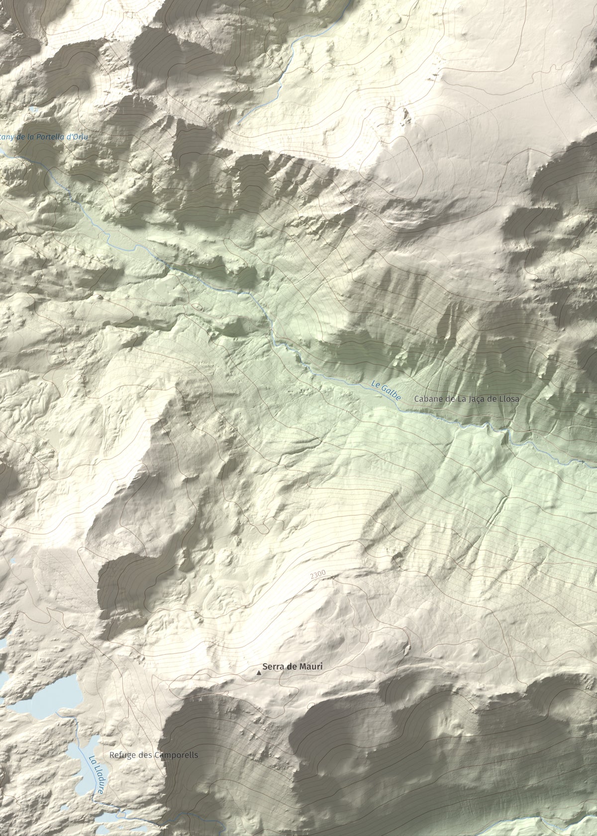 Mapa de relieve de Pic de Baixollada, 2546 m, Capcir, lámina 100 Cims de Trobart. Detalle de la zona inferior derecha. 50 × 70 cm.