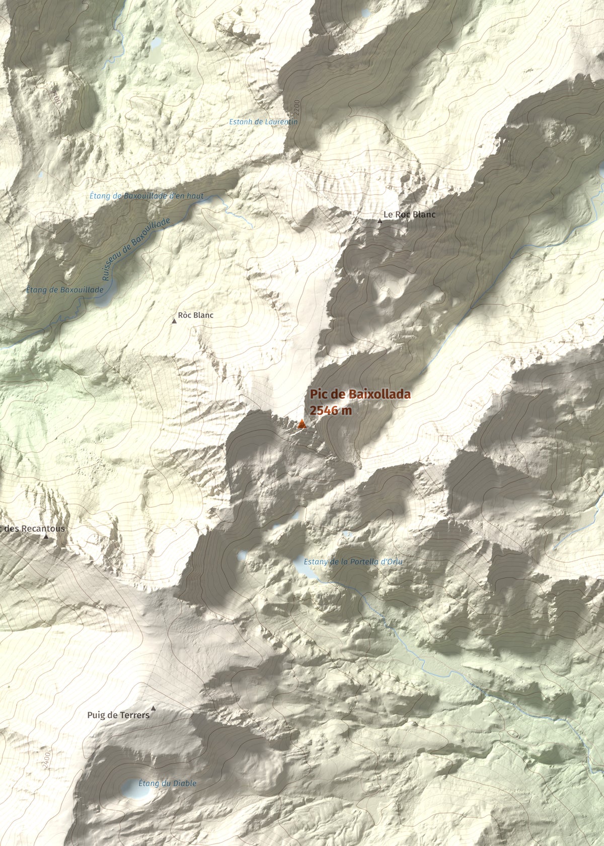 Mapa de relieve de Pic de Baixollada, 2546 m, Capcir, lámina 100 Cims de Trobart. Detalle de la zona central. 50 × 70 cm.