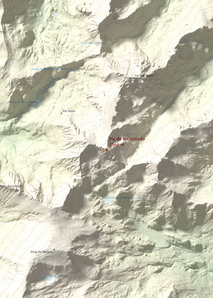 Mapa de relieve de Pic de Baixollada, 2546 m, Capcir, lámina 100 Cims de Trobart. Detalle de la zona central. 50 × 70 cm.