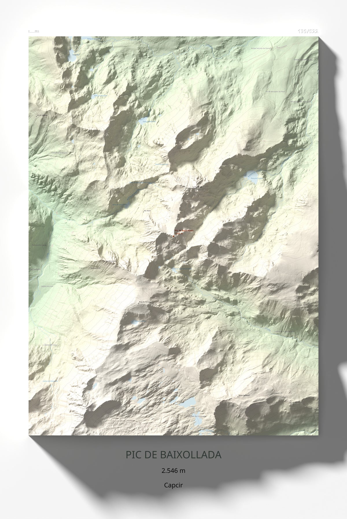 Mapa de relieve de Pic de Baixollada, 2546 m, Capcir, lámina 100 Cims de Trobart 61 × 91 cm.