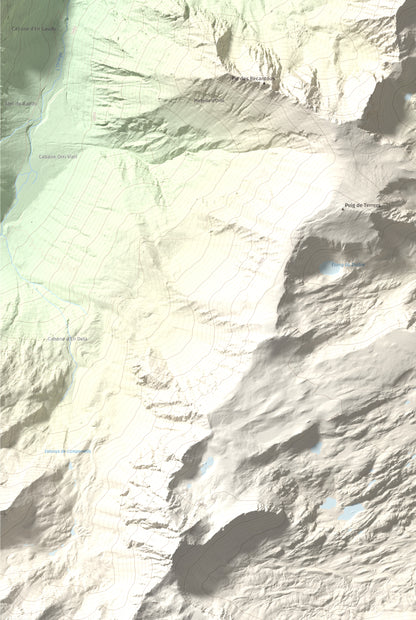 Mapa de relieve de Pic de Baixollada, 2546 m, Capcir, lámina 100 Cims de Trobart. Detalle de la zona inferior izquierda. 61 × 91 cm.