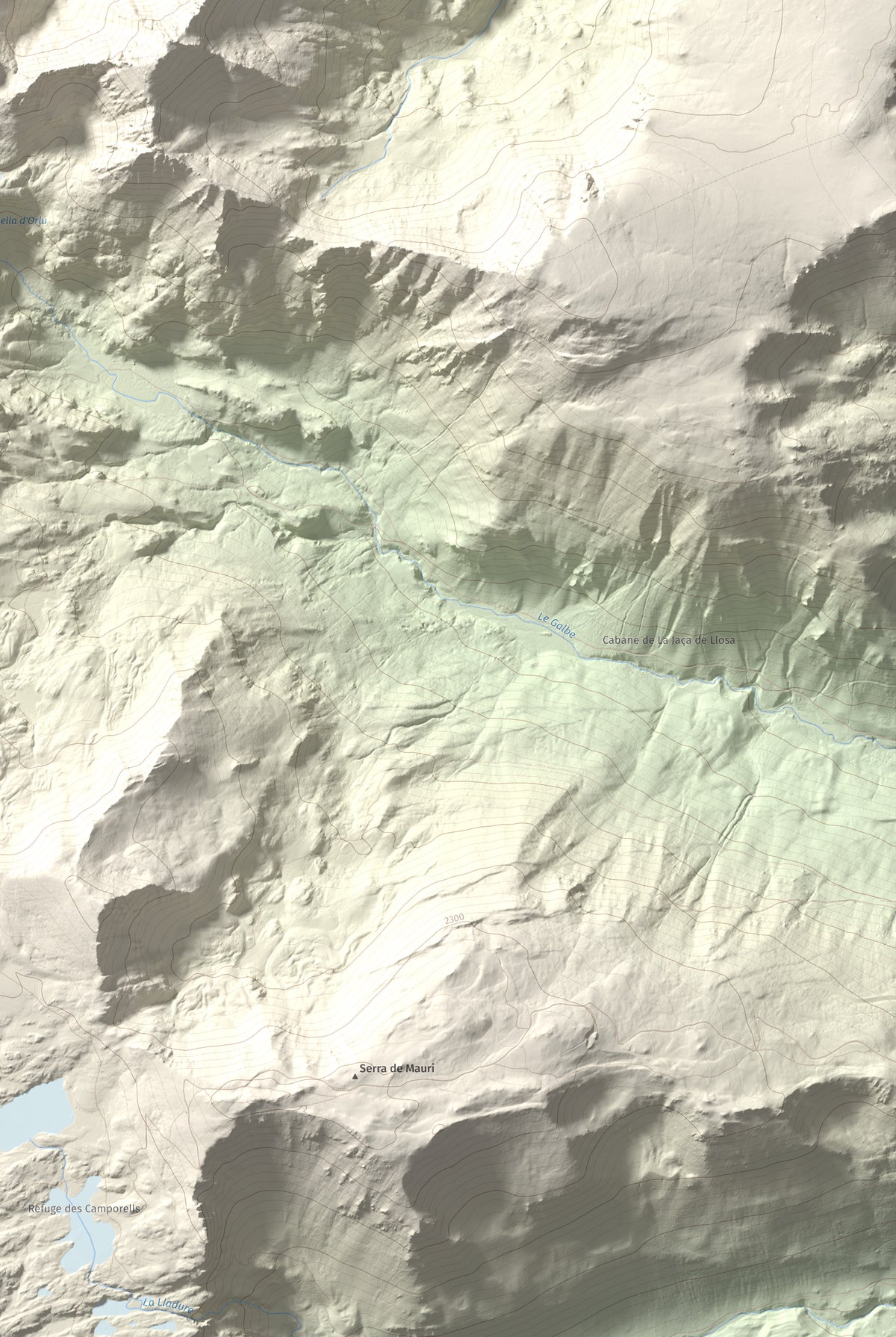 Mapa de relieve de Pic de Baixollada, 2546 m, Capcir, lámina 100 Cims de Trobart. Detalle de la zona inferior derecha. 61 × 91 cm.