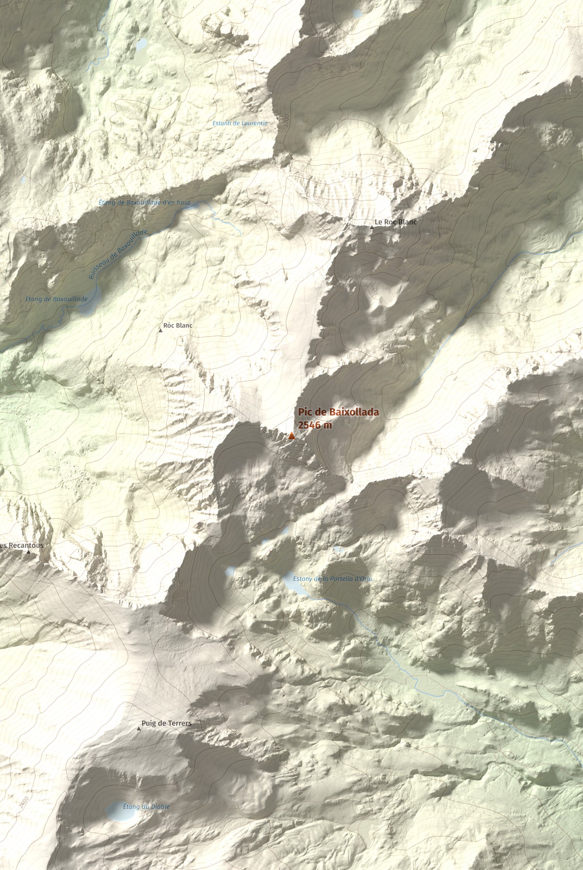 Mapa de relieve de Pic de Baixollada, 2546 m, Capcir, lámina 100 Cims de Trobart. Detalle de la zona central. 61 × 91 cm.
