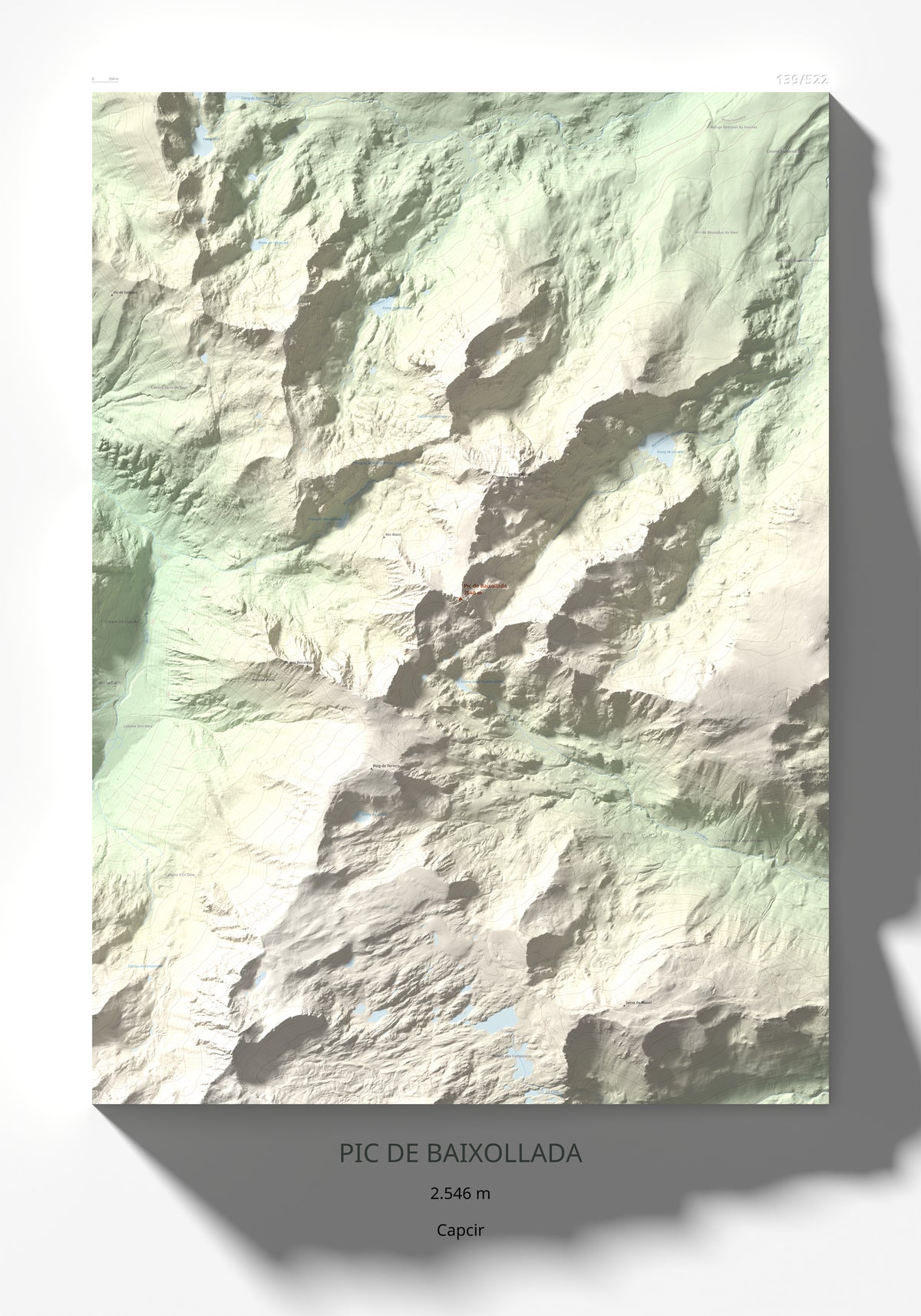 Mapa de relieve de Pic de Baixollada, 2546 m, Capcir, lámina 100 Cims de Trobart 70 × 100 cm.
