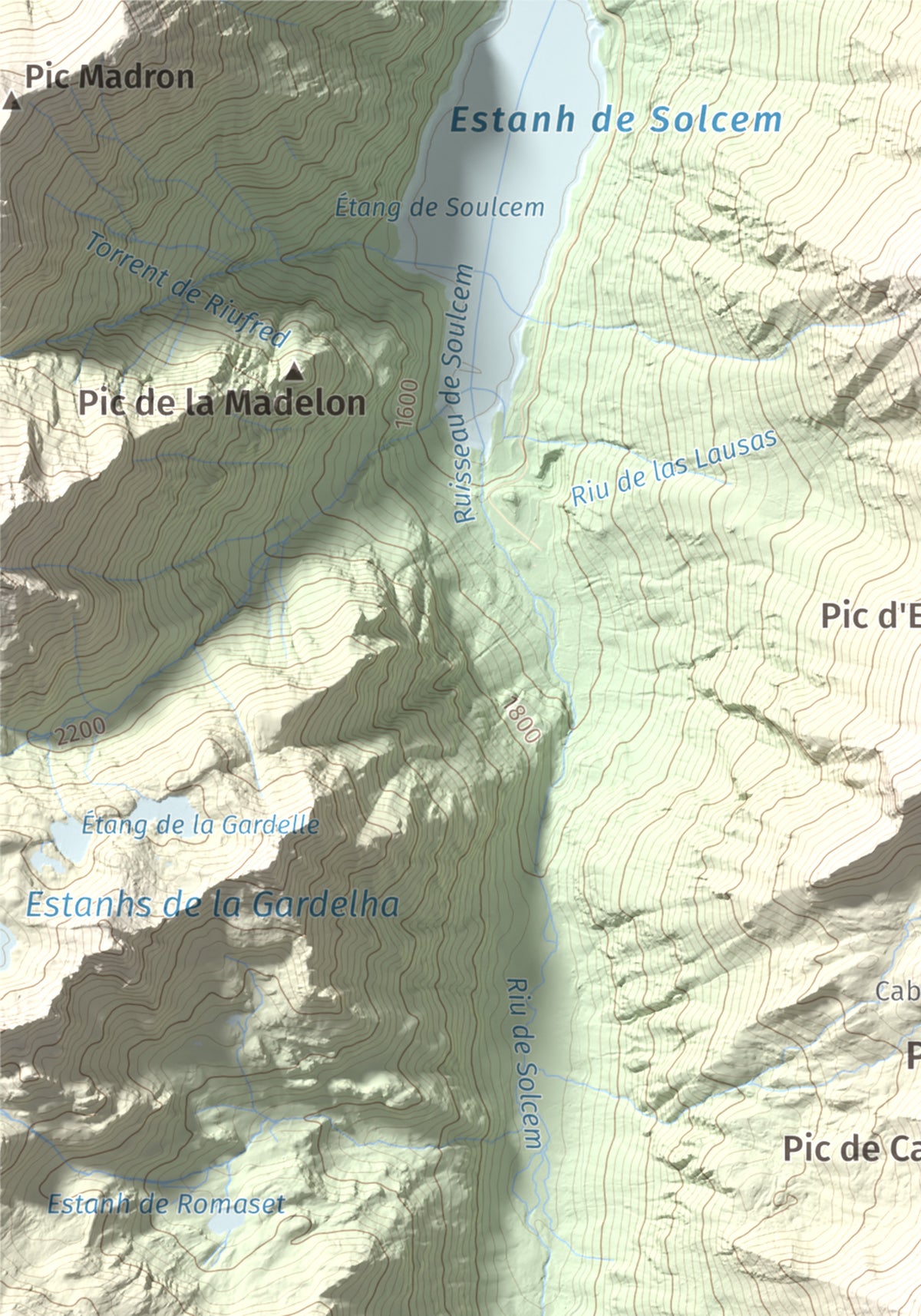Mapa de relieve de Pic de Cabanyó, 2732 m, Andorra, lámina 100 Cims de Trobart. Detalle de la zona superior izquierda. 21 × 30 cm.