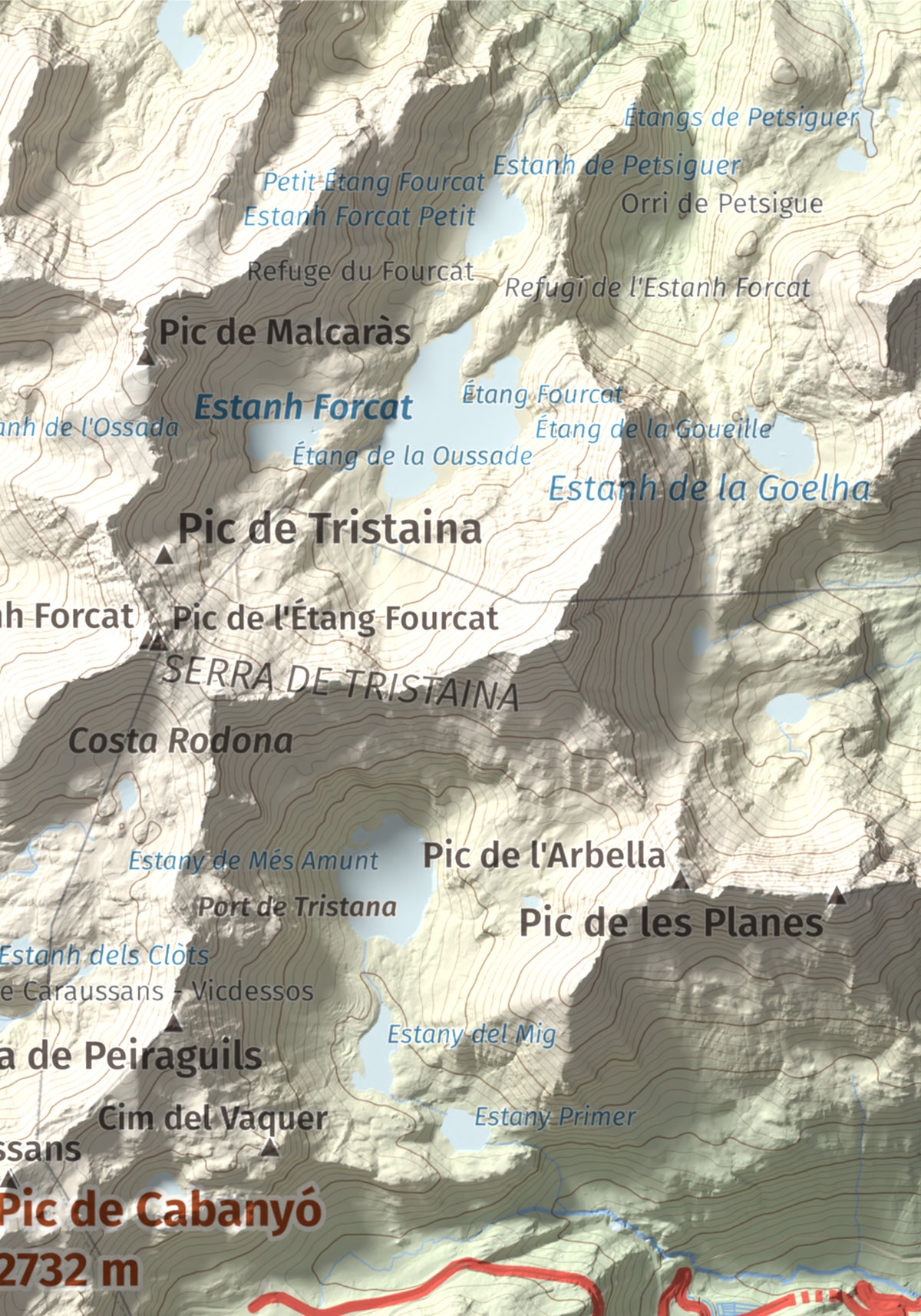 Mapa de relieve de Pic de Cabanyó, 2732 m, Andorra, lámina 100 Cims de Trobart. Detalle de la zona superior derecha. 21 × 30 cm.