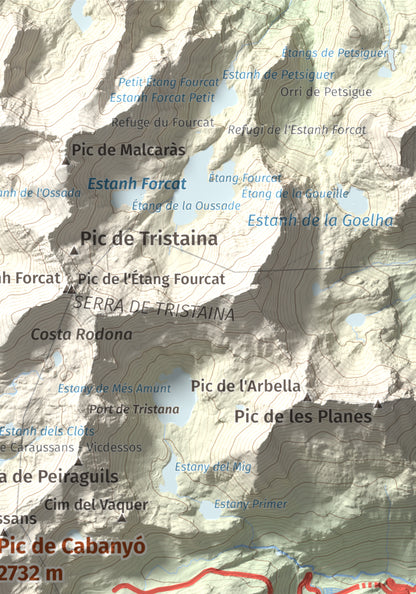 Mapa de relieve de Pic de Cabanyó, 2732 m, Andorra, lámina 100 Cims de Trobart. Detalle de la zona superior derecha. 21 × 30 cm.