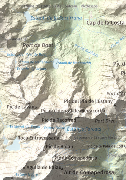 Mapa de relieve de Pic de Cabanyó, 2732 m, Andorra, lámina 100 Cims de Trobart. Detalle de la zona inferior izquierda. 21 × 30 cm.