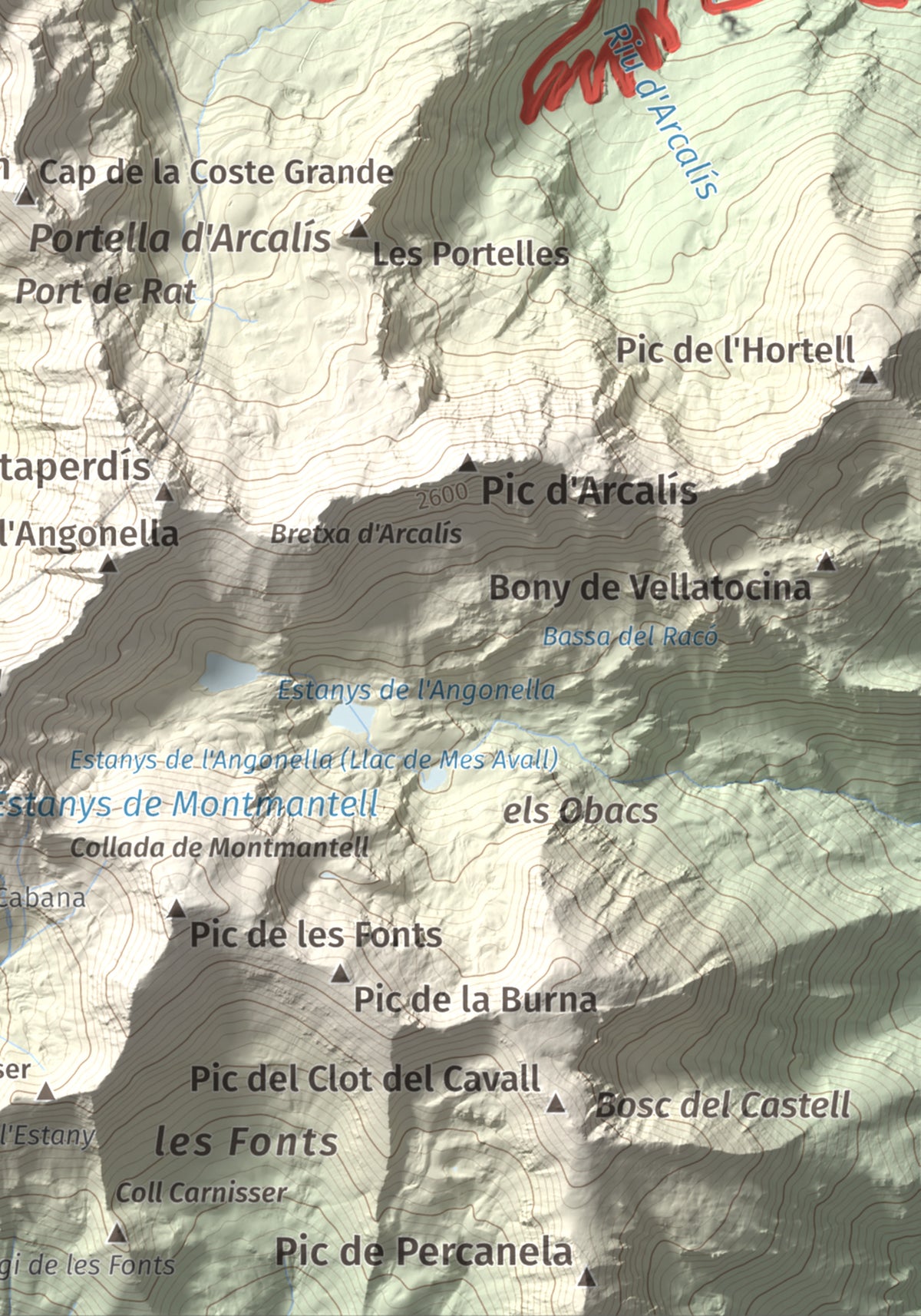 Mapa de relieve de Pic de Cabanyó, 2732 m, Andorra, lámina 100 Cims de Trobart. Detalle de la zona inferior derecha. 21 × 30 cm.