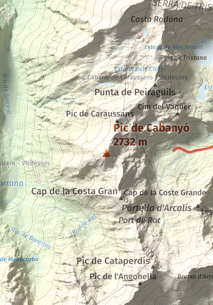 Mapa de relieve de Pic de Cabanyó, 2732 m, Andorra, lámina 100 Cims de Trobart. Detalle de la zona central. 21 × 30 cm.