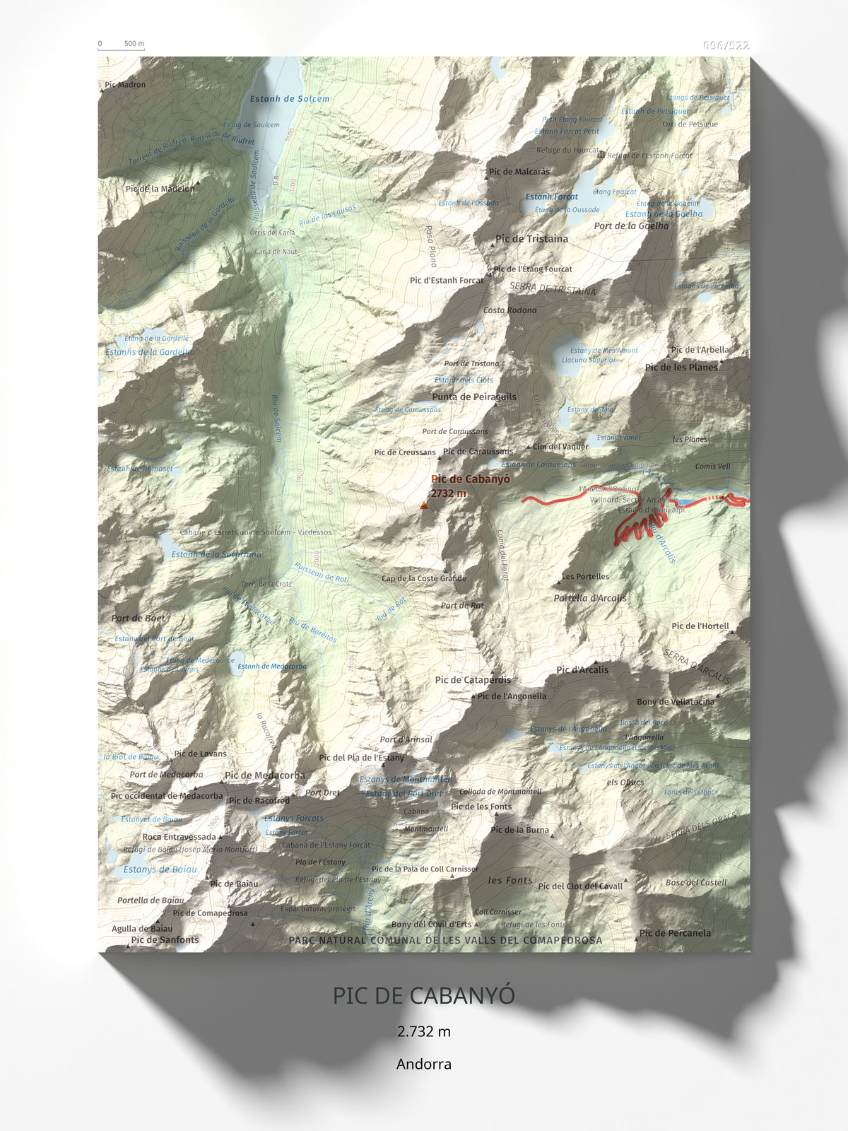 Mapa de relieve de Pic de Cabanyó, 2732 m, Andorra, lámina 100 Cims de Trobart 30 × 40 cm.