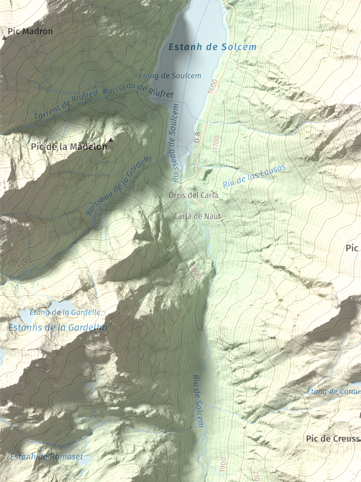Mapa de relieve de Pic de Cabanyó, 2732 m, Andorra, lámina 100 Cims de Trobart. Detalle de la zona superior izquierda. 30 × 40 cm.