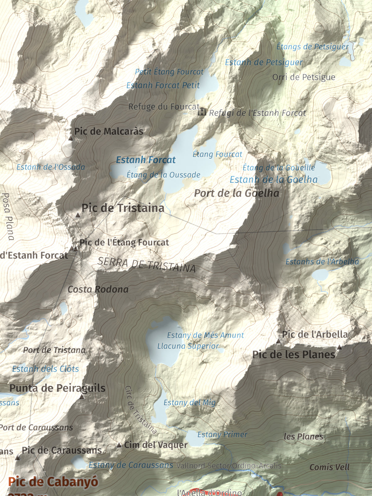 Mapa de relieve de Pic de Cabanyó, 2732 m, Andorra, lámina 100 Cims de Trobart. Detalle de la zona superior derecha. 30 × 40 cm.