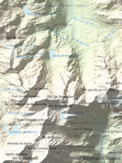 Mapa de relieve de Pic de Cabanyó, 2732 m, Andorra, lámina 100 Cims de Trobart. Detalle de la zona inferior izquierda. 30 × 40 cm.
