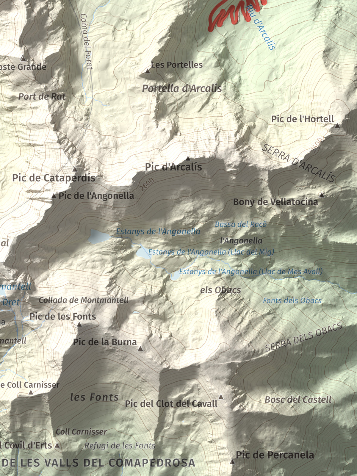 Mapa de relieve de Pic de Cabanyó, 2732 m, Andorra, lámina 100 Cims de Trobart. Detalle de la zona inferior derecha. 30 × 40 cm.