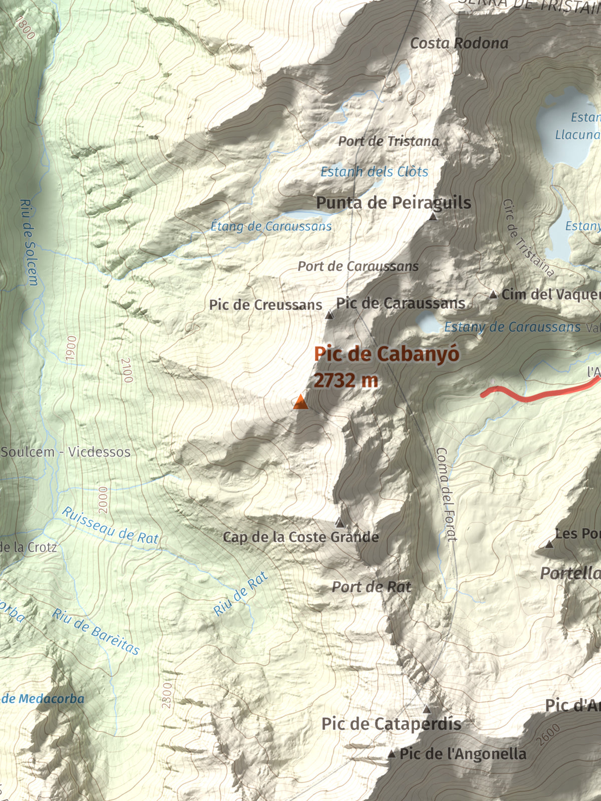 Mapa de relieve de Pic de Cabanyó, 2732 m, Andorra, lámina 100 Cims de Trobart. Detalle de la zona central. 30 × 40 cm.