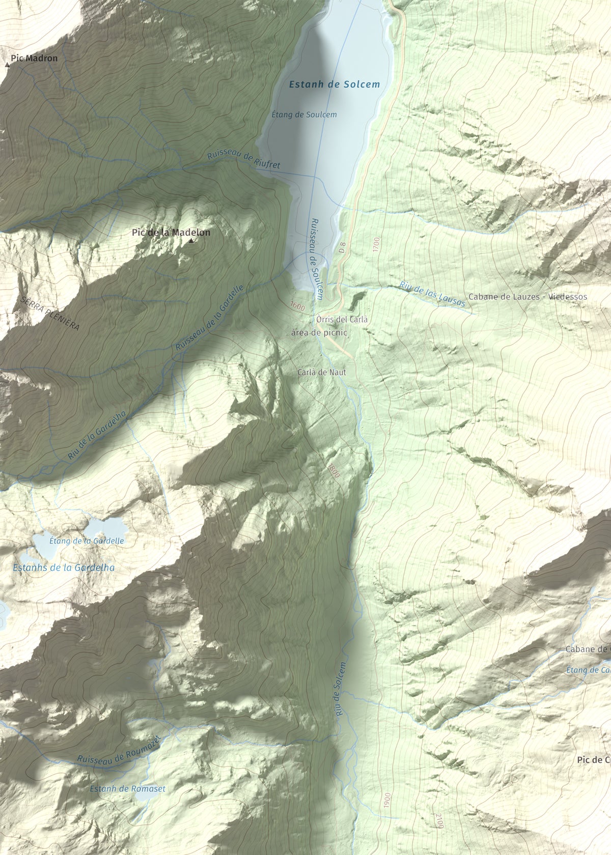 Mapa de relieve de Pic de Cabanyó, 2732 m, Andorra, lámina 100 Cims de Trobart. Detalle de la zona superior izquierda. 50 × 70 cm.