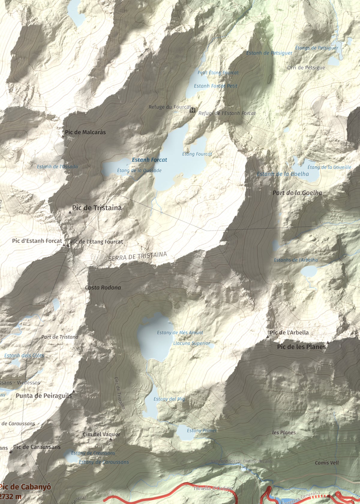 Mapa de relieve de Pic de Cabanyó, 2732 m, Andorra, lámina 100 Cims de Trobart. Detalle de la zona superior derecha. 50 × 70 cm.