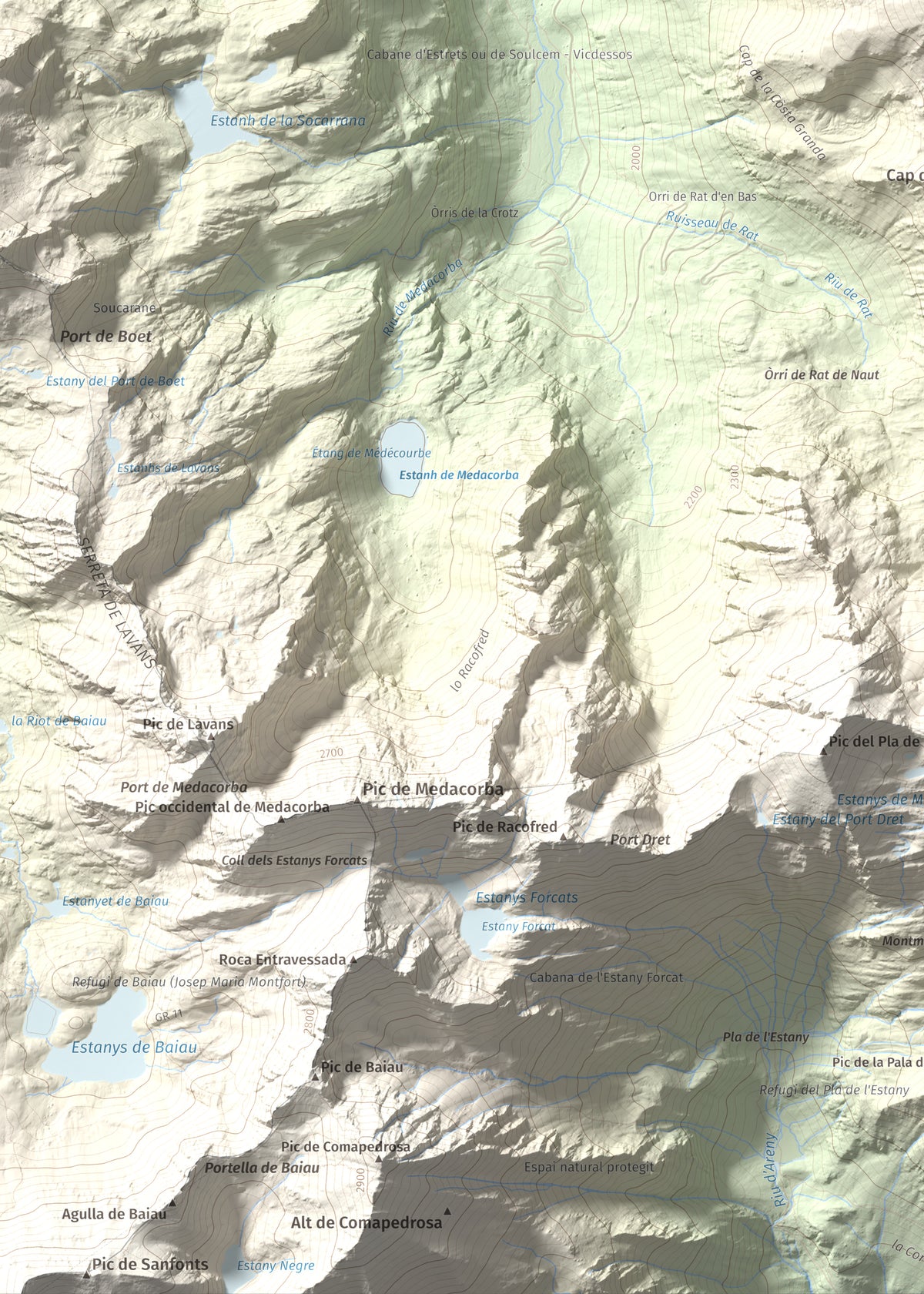 Mapa de relieve de Pic de Cabanyó, 2732 m, Andorra, lámina 100 Cims de Trobart. Detalle de la zona inferior izquierda. 50 × 70 cm.