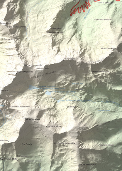 Mapa de relieve de Pic de Cabanyó, 2732 m, Andorra, lámina 100 Cims de Trobart. Detalle de la zona inferior derecha. 50 × 70 cm.