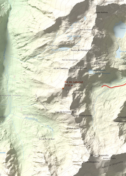Mapa de relieve de Pic de Cabanyó, 2732 m, Andorra, lámina 100 Cims de Trobart. Detalle de la zona central. 50 × 70 cm.