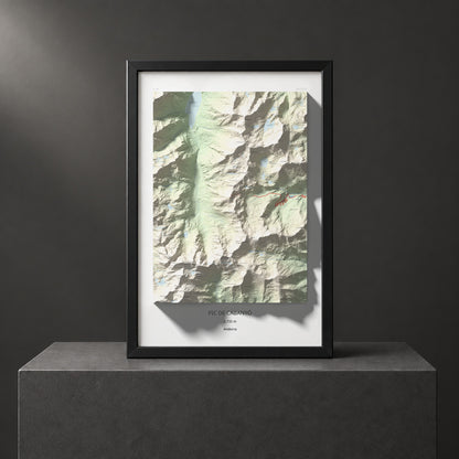 Mapa de relieve de Pic de Cabanyó, 2732 m, Andorra, lámina 100 Cims de Trobart. Presentación enmarcada. 61 × 91 cm.