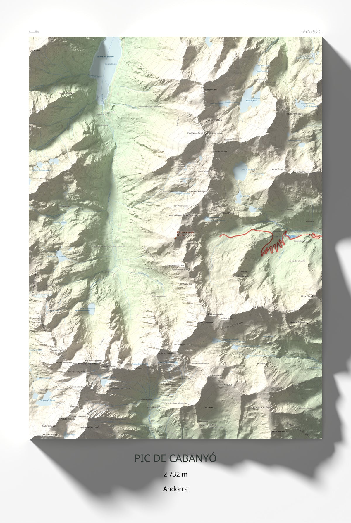 Mapa de relieve de Pic de Cabanyó, 2732 m, Andorra, lámina 100 Cims de Trobart 61 × 91 cm.