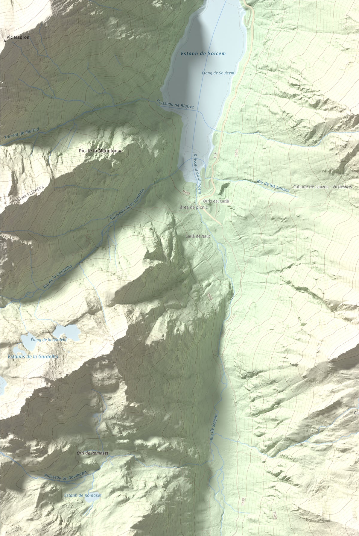 Mapa de relieve de Pic de Cabanyó, 2732 m, Andorra, lámina 100 Cims de Trobart. Detalle de la zona superior izquierda. 61 × 91 cm.