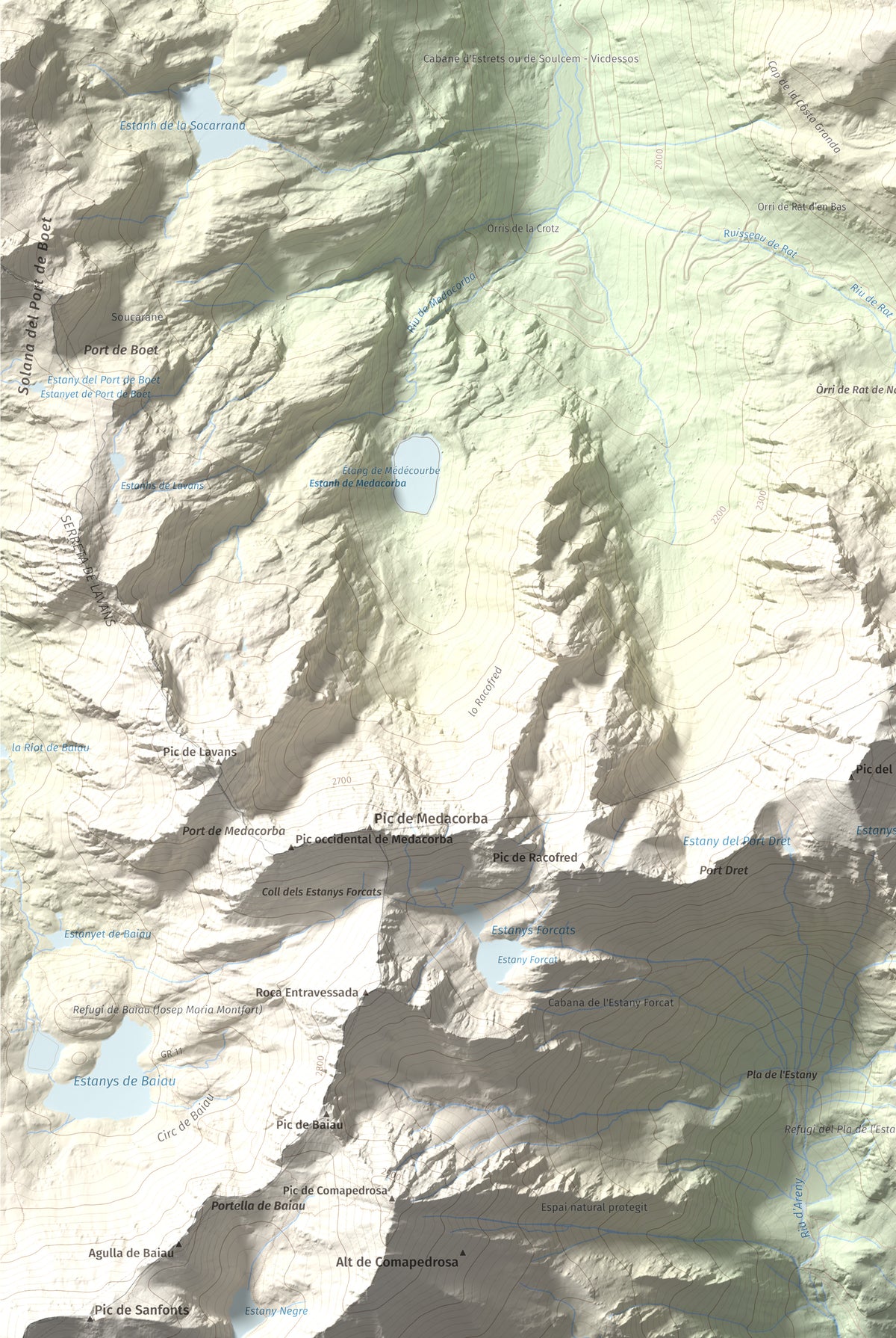 Mapa de relieve de Pic de Cabanyó, 2732 m, Andorra, lámina 100 Cims de Trobart. Detalle de la zona inferior izquierda. 61 × 91 cm.