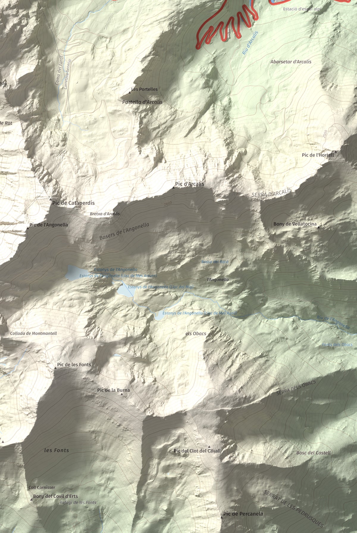 Mapa de relieve de Pic de Cabanyó, 2732 m, Andorra, lámina 100 Cims de Trobart. Detalle de la zona inferior derecha. 61 × 91 cm.