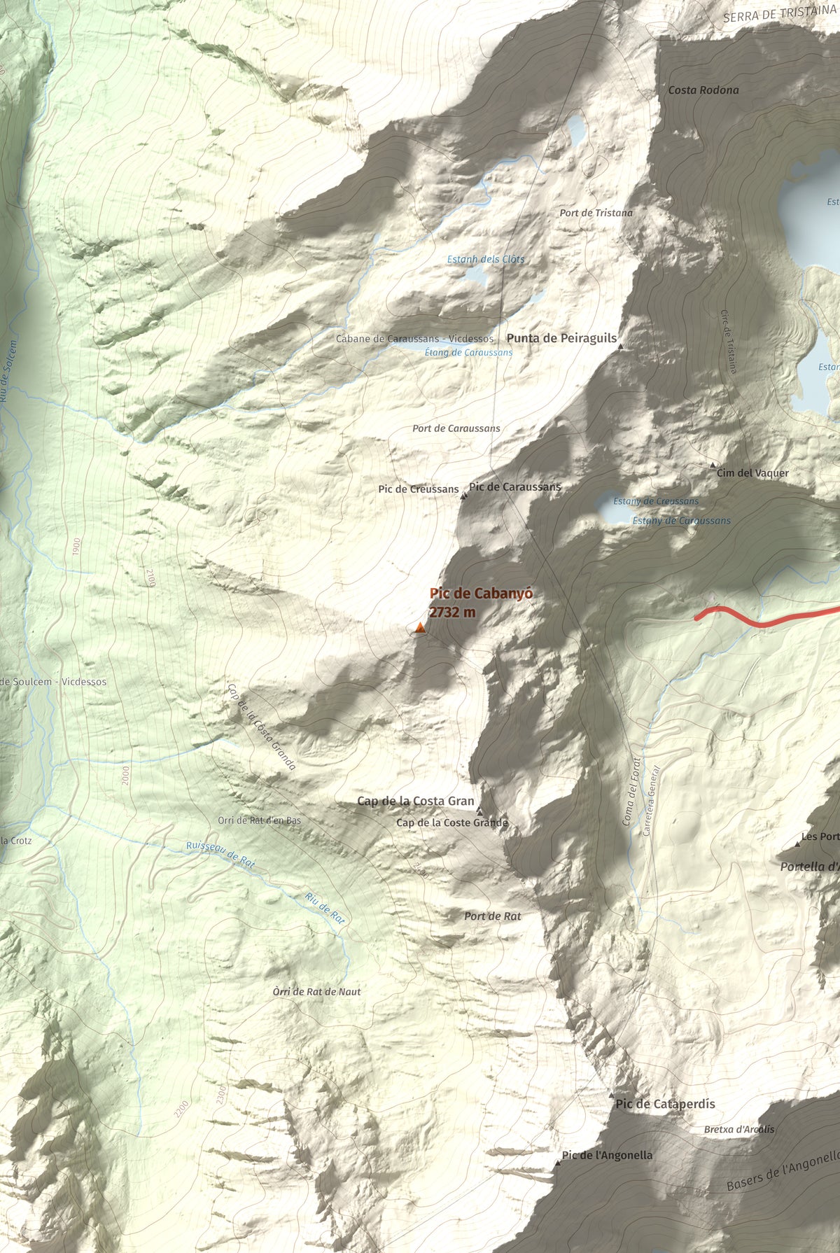 Mapa de relieve de Pic de Cabanyó, 2732 m, Andorra, lámina 100 Cims de Trobart. Detalle de la zona central. 61 × 91 cm.