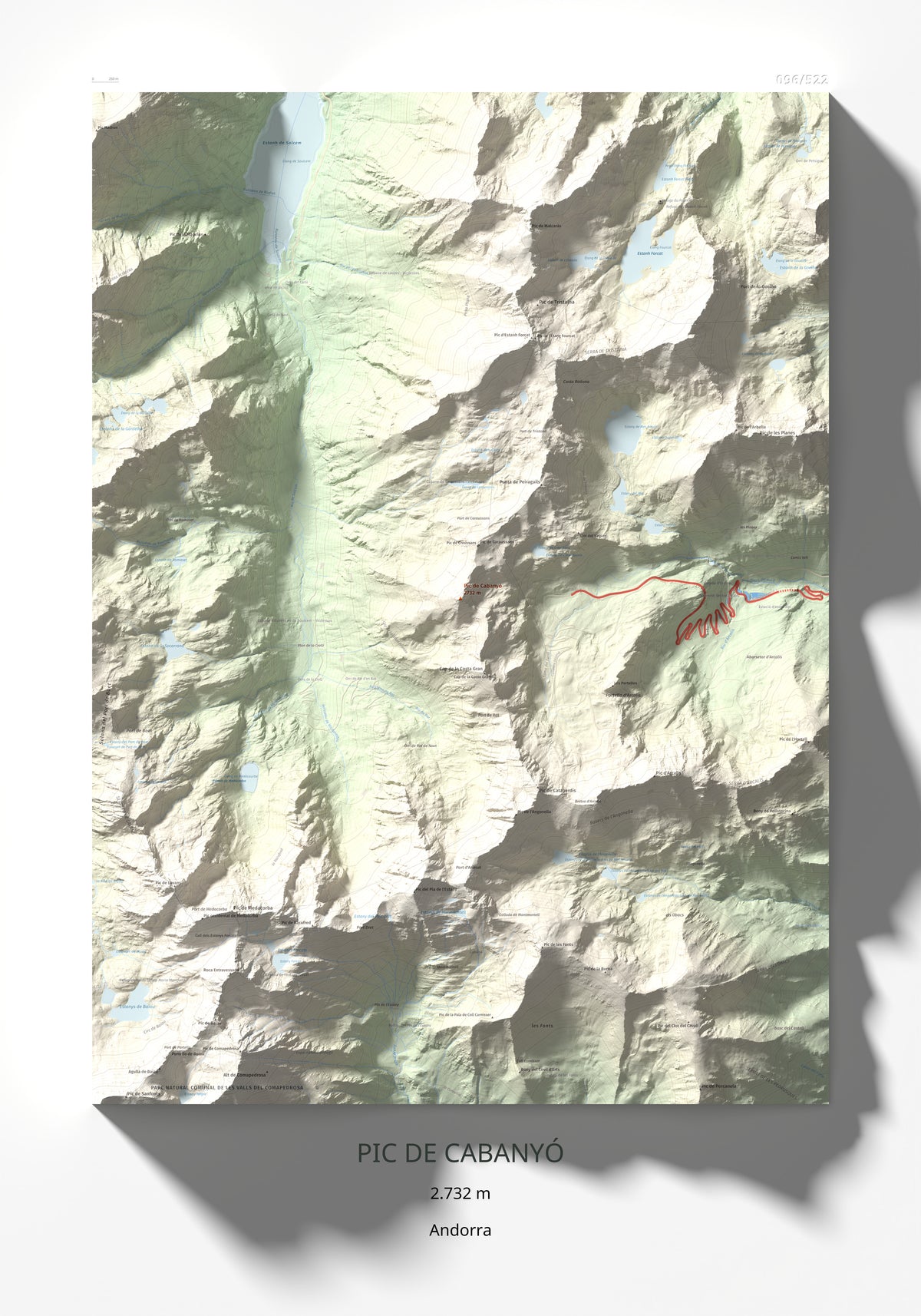 Mapa de relieve de Pic de Cabanyó, 2732 m, Andorra, lámina 100 Cims de Trobart 70 × 100 cm.
