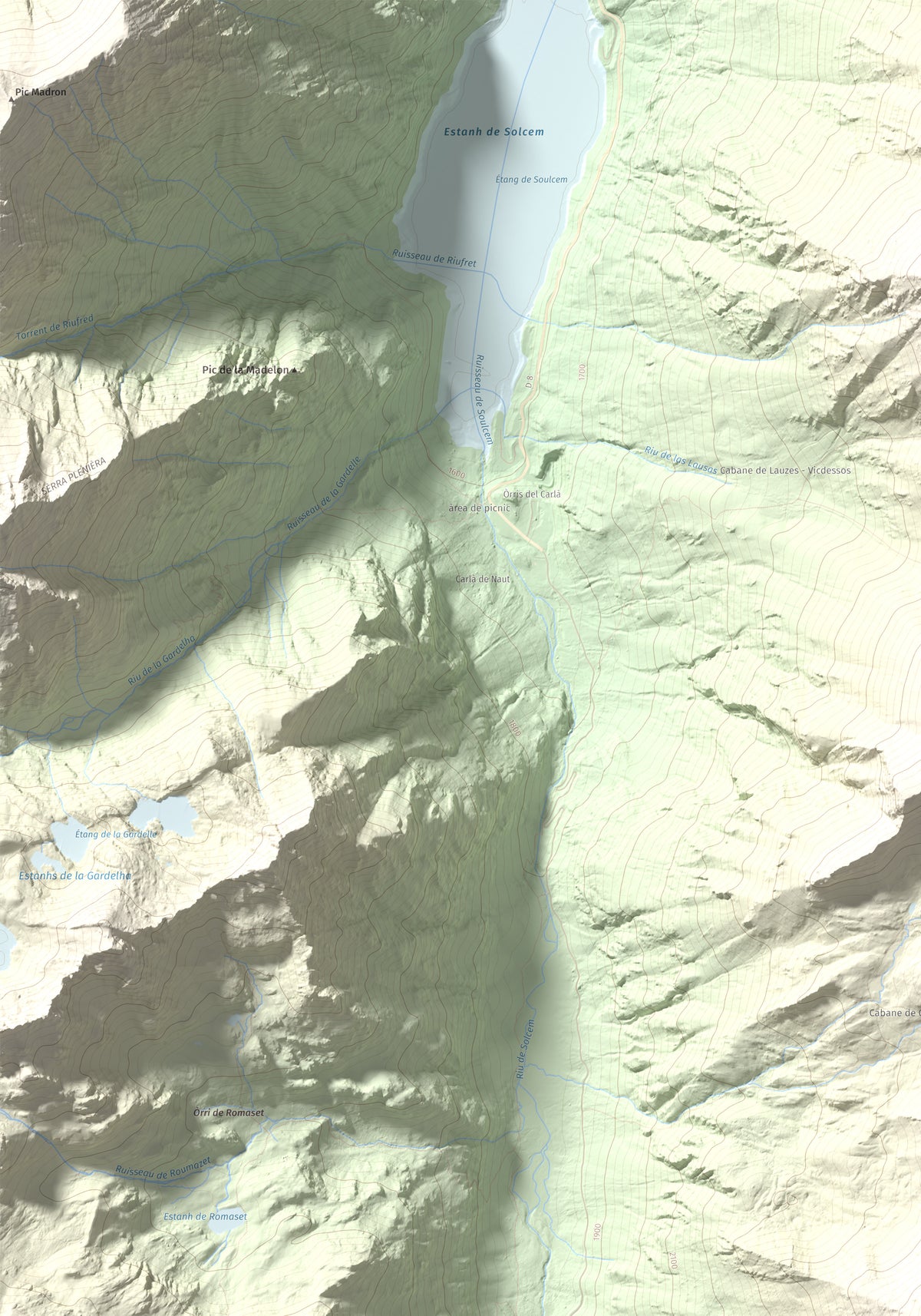 Mapa de relieve de Pic de Cabanyó, 2732 m, Andorra, lámina 100 Cims de Trobart. Detalle de la zona superior izquierda. 70 × 100 cm.