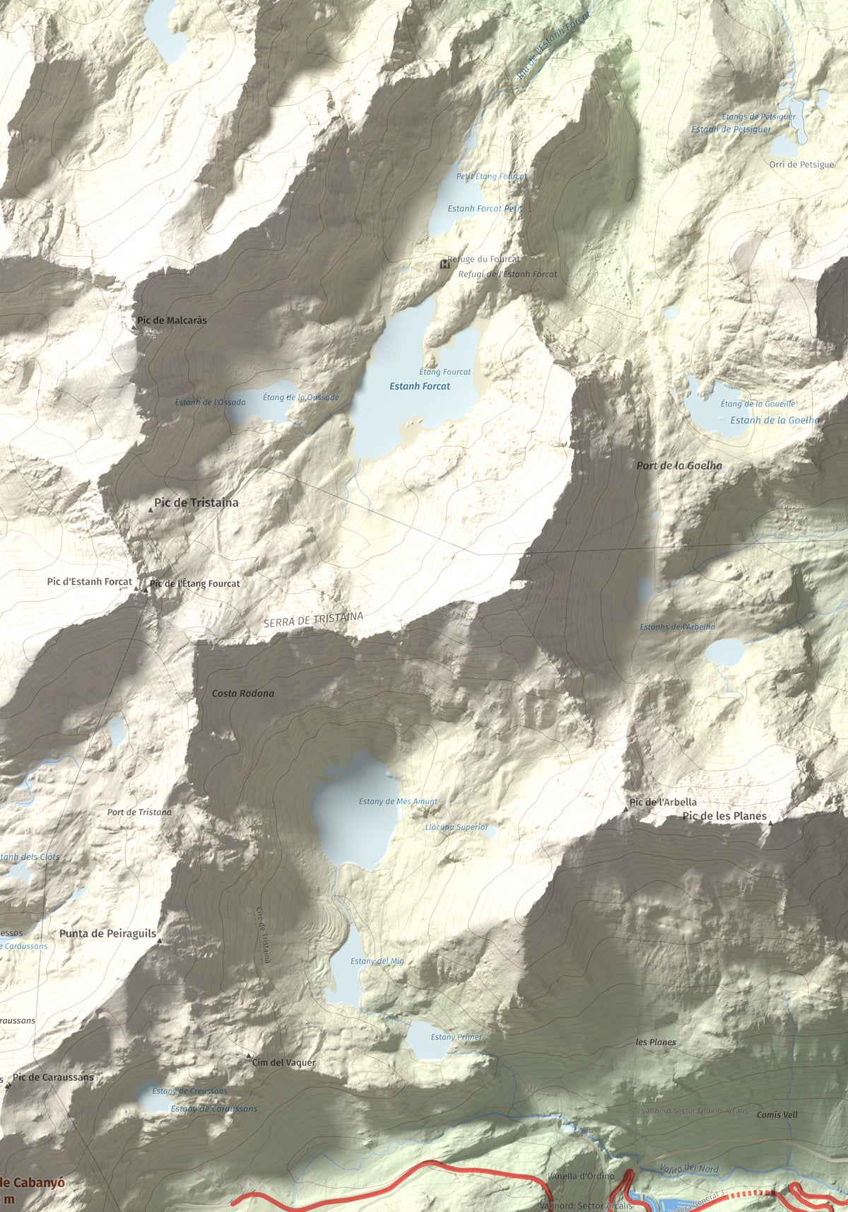 Mapa de relieve de Pic de Cabanyó, 2732 m, Andorra, lámina 100 Cims de Trobart. Detalle de la zona superior derecha. 70 × 100 cm.