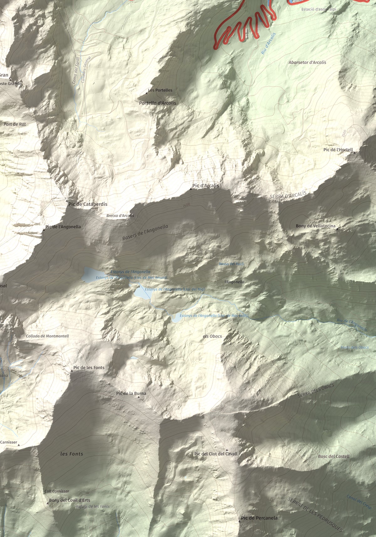 Mapa de relieve de Pic de Cabanyó, 2732 m, Andorra, lámina 100 Cims de Trobart. Detalle de la zona inferior derecha. 70 × 100 cm.