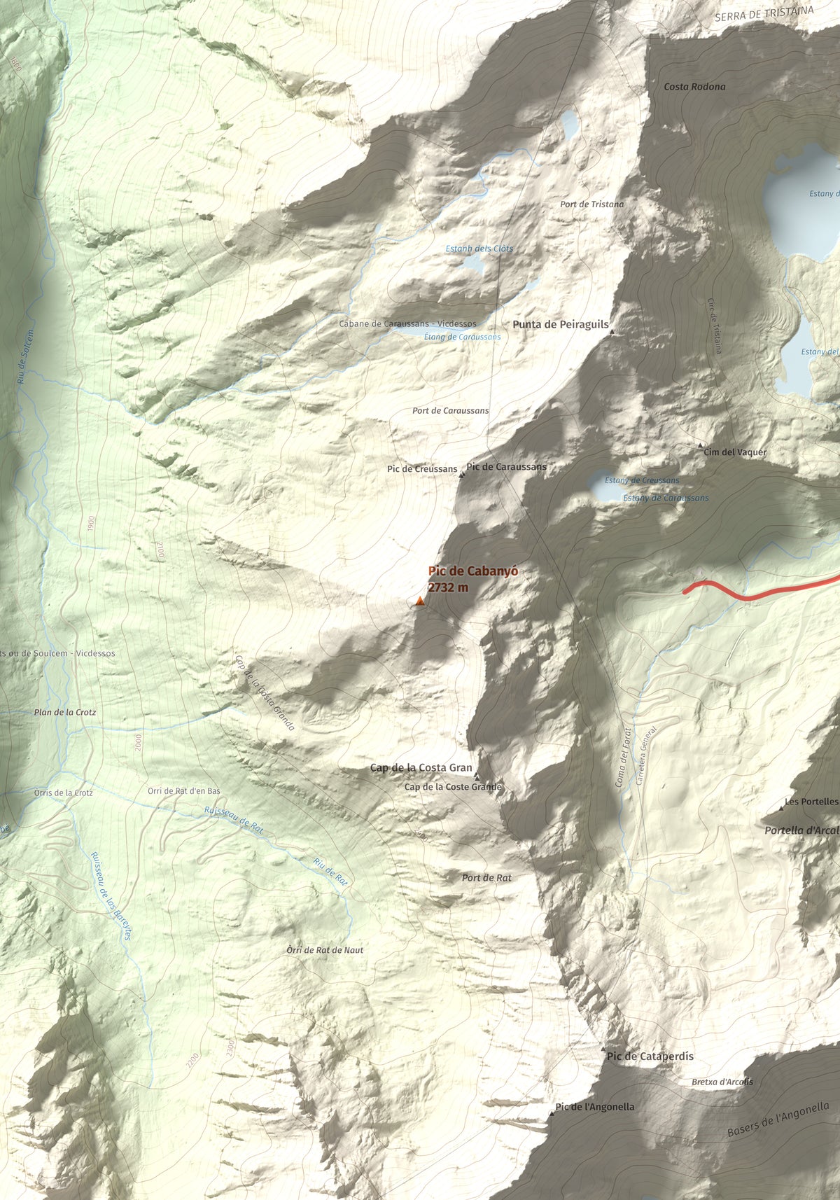 Mapa de relieve de Pic de Cabanyó, 2732 m, Andorra, lámina 100 Cims de Trobart. Detalle de la zona central. 70 × 100 cm.
